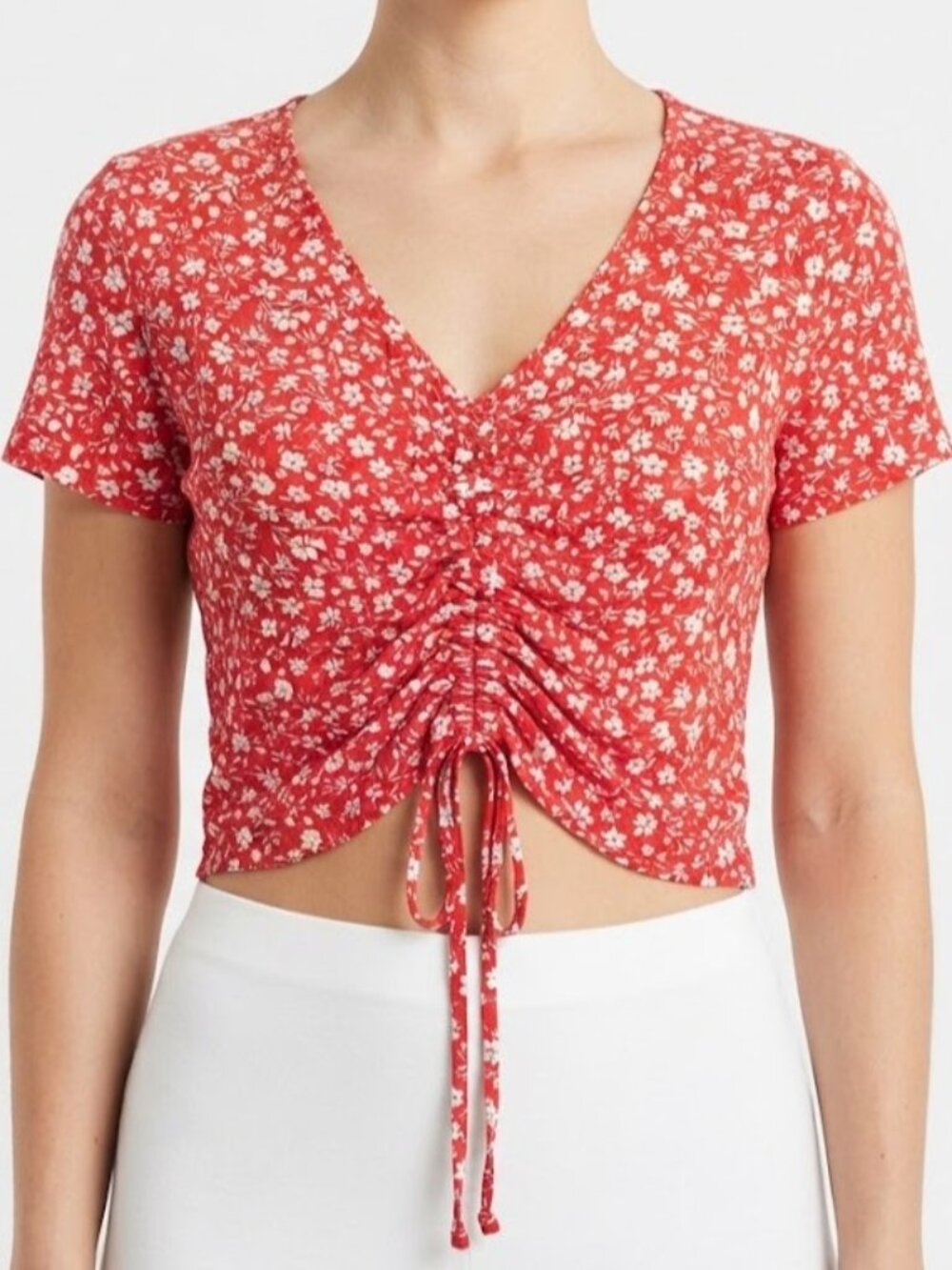 Red Floral Drawstring V-Neck Short Sleeve Crop Top